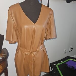 Marc New York Tan V-Neck Blouse with Tie Waist
